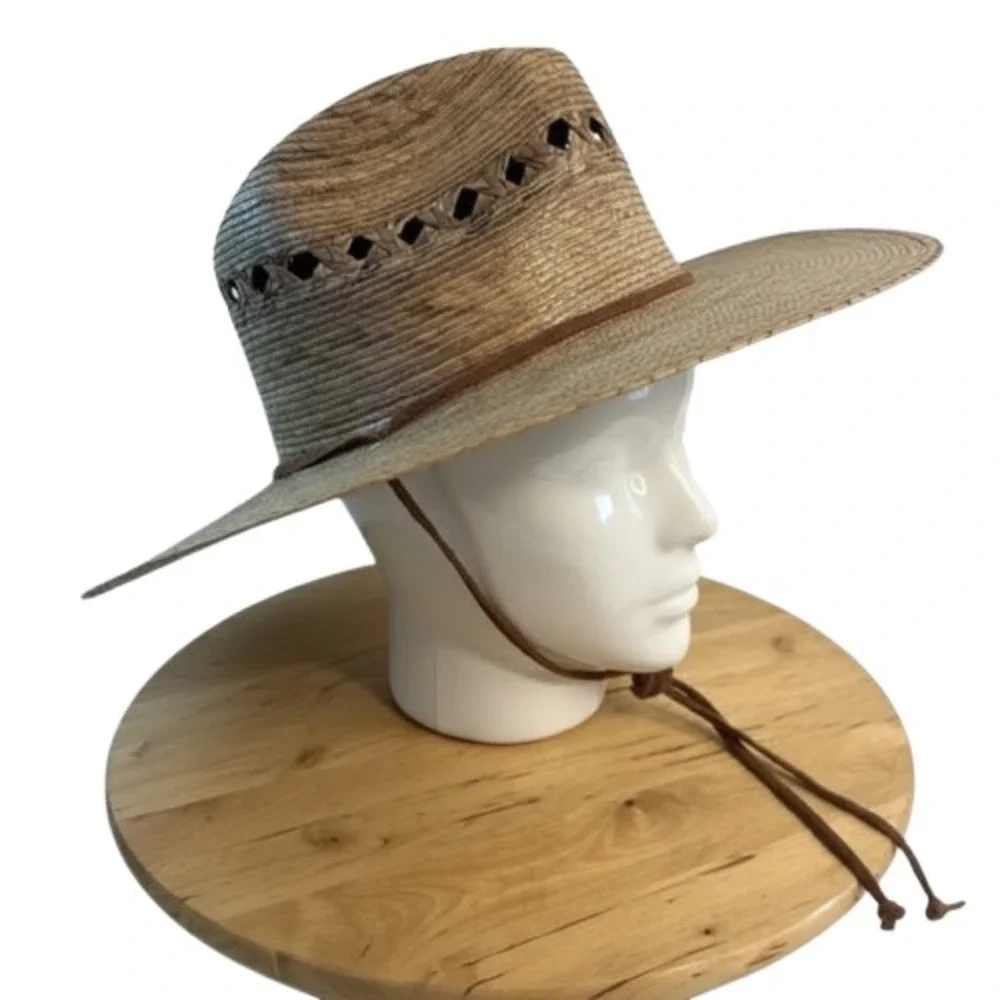Striped Palm Straw Wide Brim Fedora Sun Western‎ Hat Drawstring